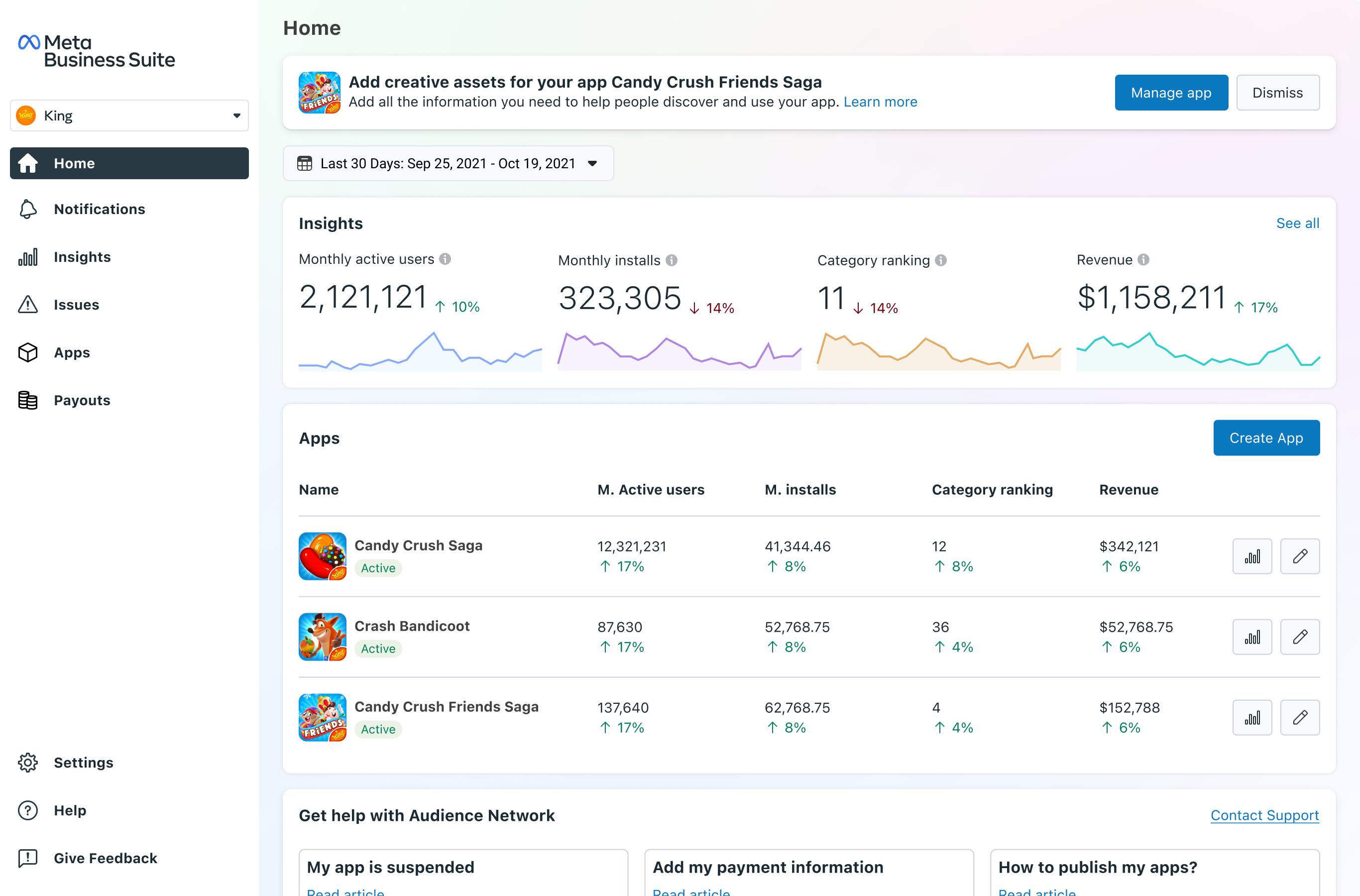 Meta Business Suite dashboard for developers
